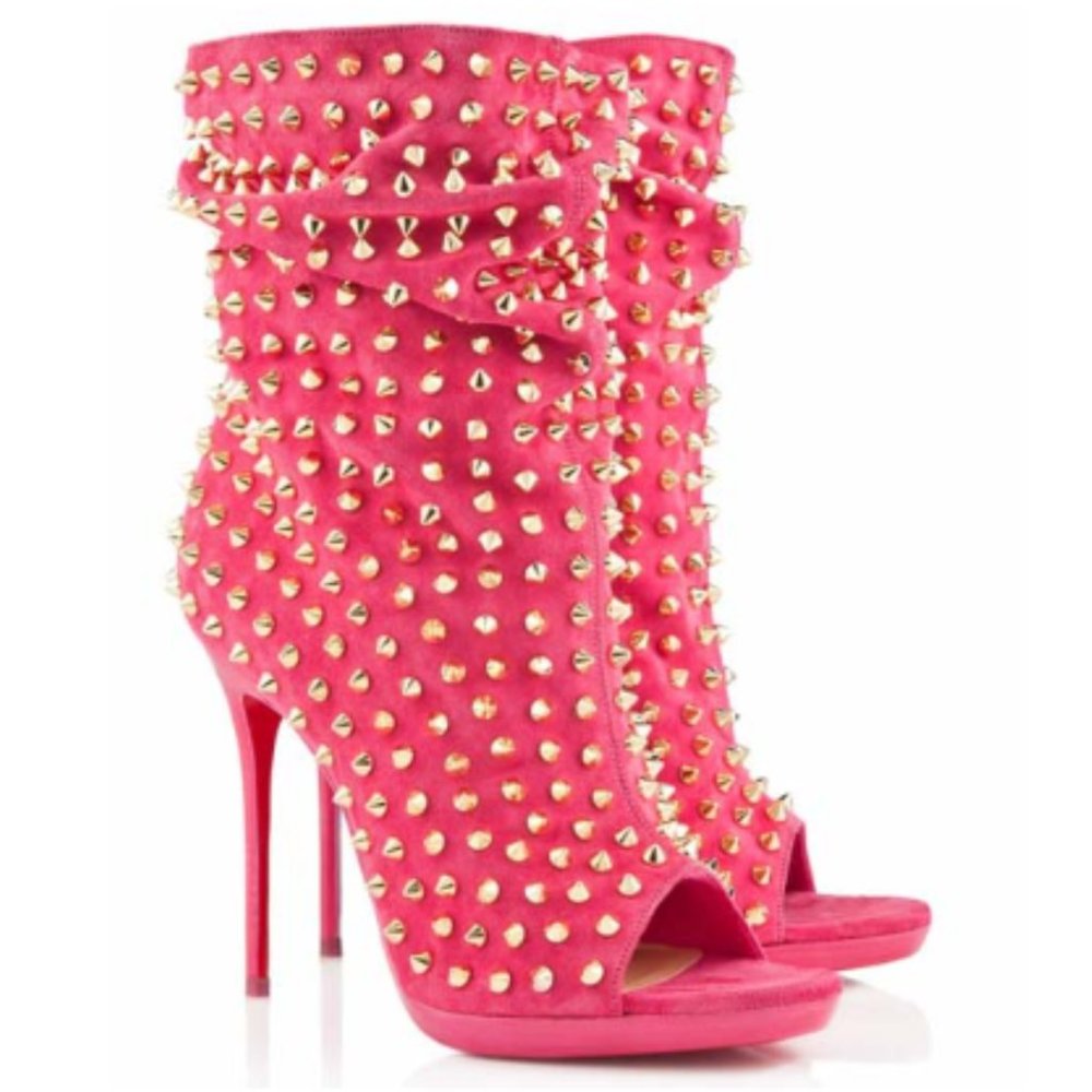 Christian Louboutin Guerilla 120 Pink Leather Bootie Gold Tone Spikes Peep Toe